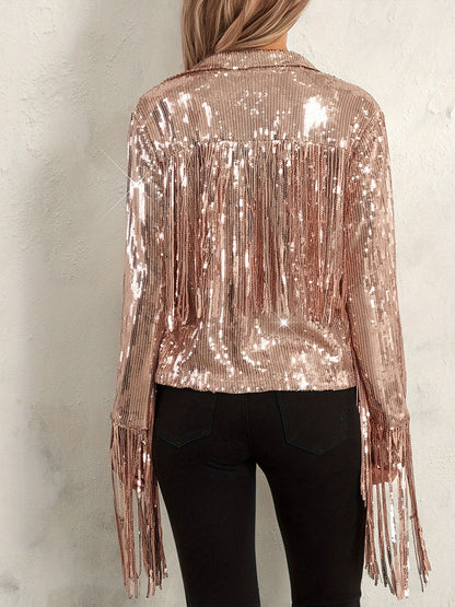 Women's Plus Size Sequin Party Jackets Trendy Sparkly Long Sleeve Open Front Tassel Jackets Clubwear