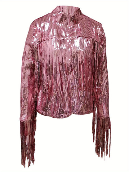 Women's Plus Size Sequin Party Jackets Trendy Sparkly Long Sleeve Open Front Tassel Jackets Clubwear