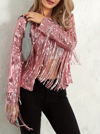 Women's Plus Size Sequin Party Jackets Trendy Sparkly Long Sleeve Open Front Tassel Jackets Clubwear