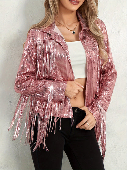 Women's Plus Size Sequin Party Jackets Trendy Sparkly Long Sleeve Open Front Tassel Jackets Clubwear