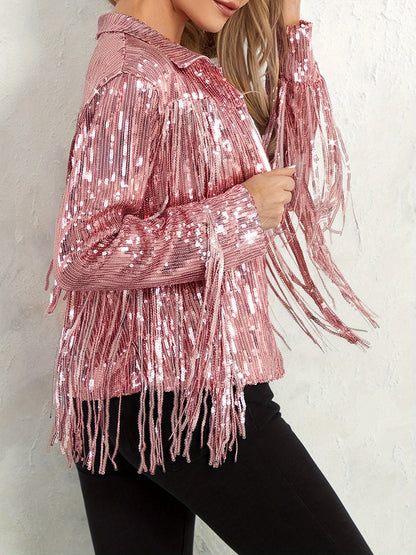 Women's Plus Size Sequin Party Jackets Trendy Sparkly Long Sleeve Open Front Tassel Jackets Clubwear