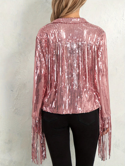 Women's Plus Size Sequin Party Jackets Trendy Sparkly Long Sleeve Open Front Tassel Jackets Clubwear