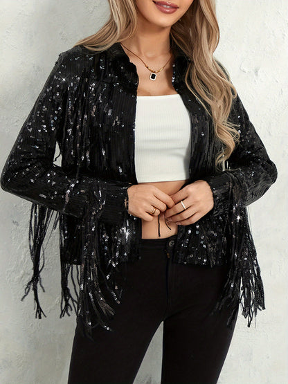 Women's Plus Size Sequin Party Jackets Trendy Sparkly Long Sleeve Open Front Tassel Jackets Clubwear