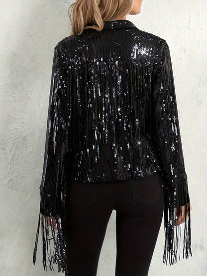 Women's Plus Size Sequin Party Jackets Trendy Sparkly Long Sleeve Open Front Tassel Jackets Clubwear