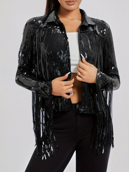 Women's Plus Size Sequin Party Jackets Trendy Sparkly Long Sleeve Open Front Tassel Jackets Clubwear