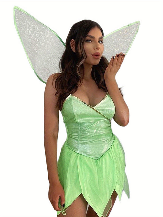 Disfraz de hada del bosque de Halloween para mujer, de talla grande, sexy, de color sólido, con lentejuelas, top de tubo, vestido corto con alas