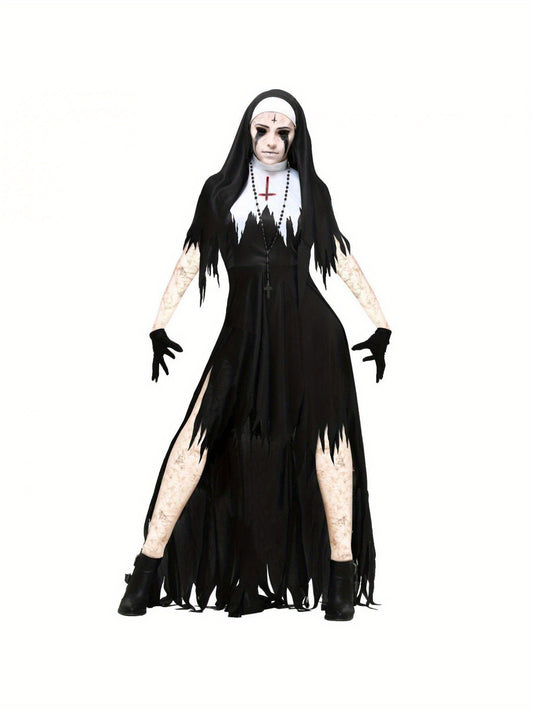 Women's Halloween Bloody Nurse Dress Costumes Cosplay Nurse Long Sleeve Dress and Hat Fancy Clothes