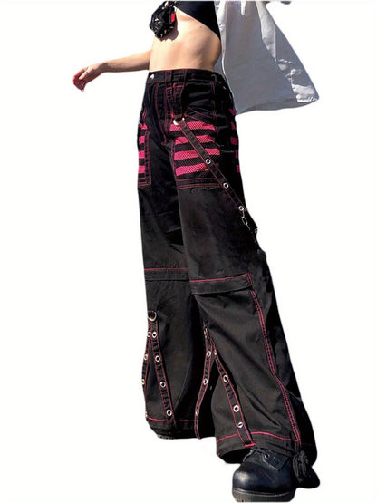 Women Low Waist Cargo Pants Baggy Trouser Vintage Aesthetic Low Rise Wide Leg Pant Grunge Gothic Pants with Pockets