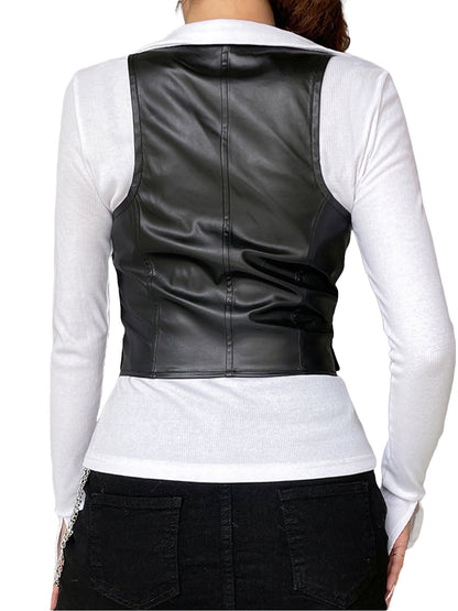 Chaleco sin mangas con botones para mujer, top corto, chaqueta de cuero sintético con cuello en V sexy