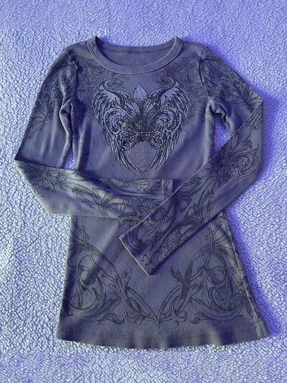 Camiseta gótica de manga larga con estampado de alas retro y diamantes de imitación para mujer, jersey informal para club de otoño, ropa de calle