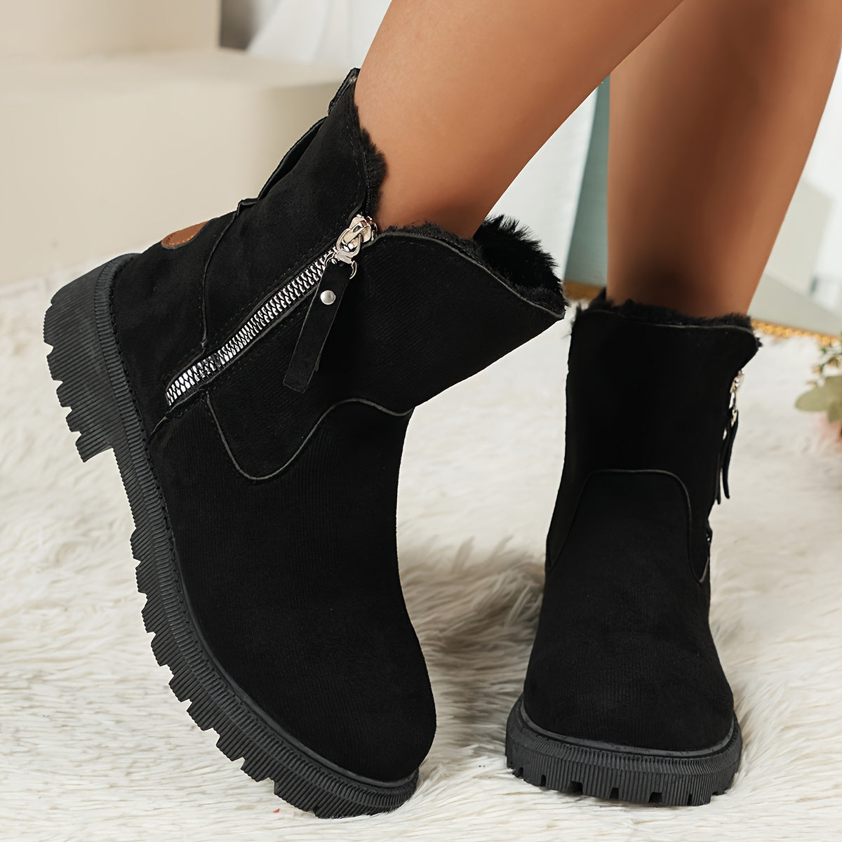 Women's Fashion Ankle Boots - Cozy Plush Lined Winter Platform Shoes with Side Zipper, Solid Color Fabric Upper & TPR Sole - LuxyXO