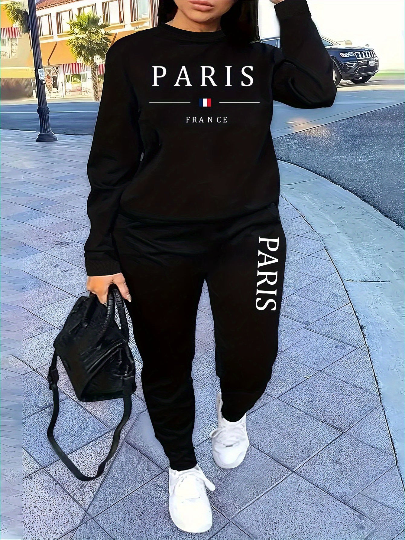 Cozy Paris Letter Print Sweatshirt and Pants Set for Women - Soft Knitted Fabric, Stretchy Polyester, Round Neck, Casual Sports Outfit for Autumn/Winter - Perfect for Lounging, Jogging, or Daily Wear