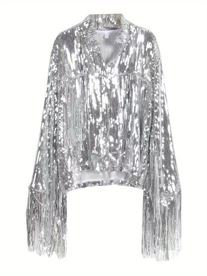 Women's Plus Size Sequin Party Jackets Trendy Sparkly Long Sleeve Open Front Tassel Jackets Clubwear