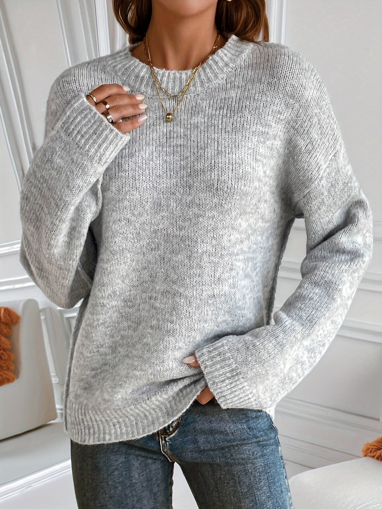 Elegant Solid Color Crew Neck Sweater for Women - Cozy Acrylic Knit, Perfect for Fall/Winter Layering