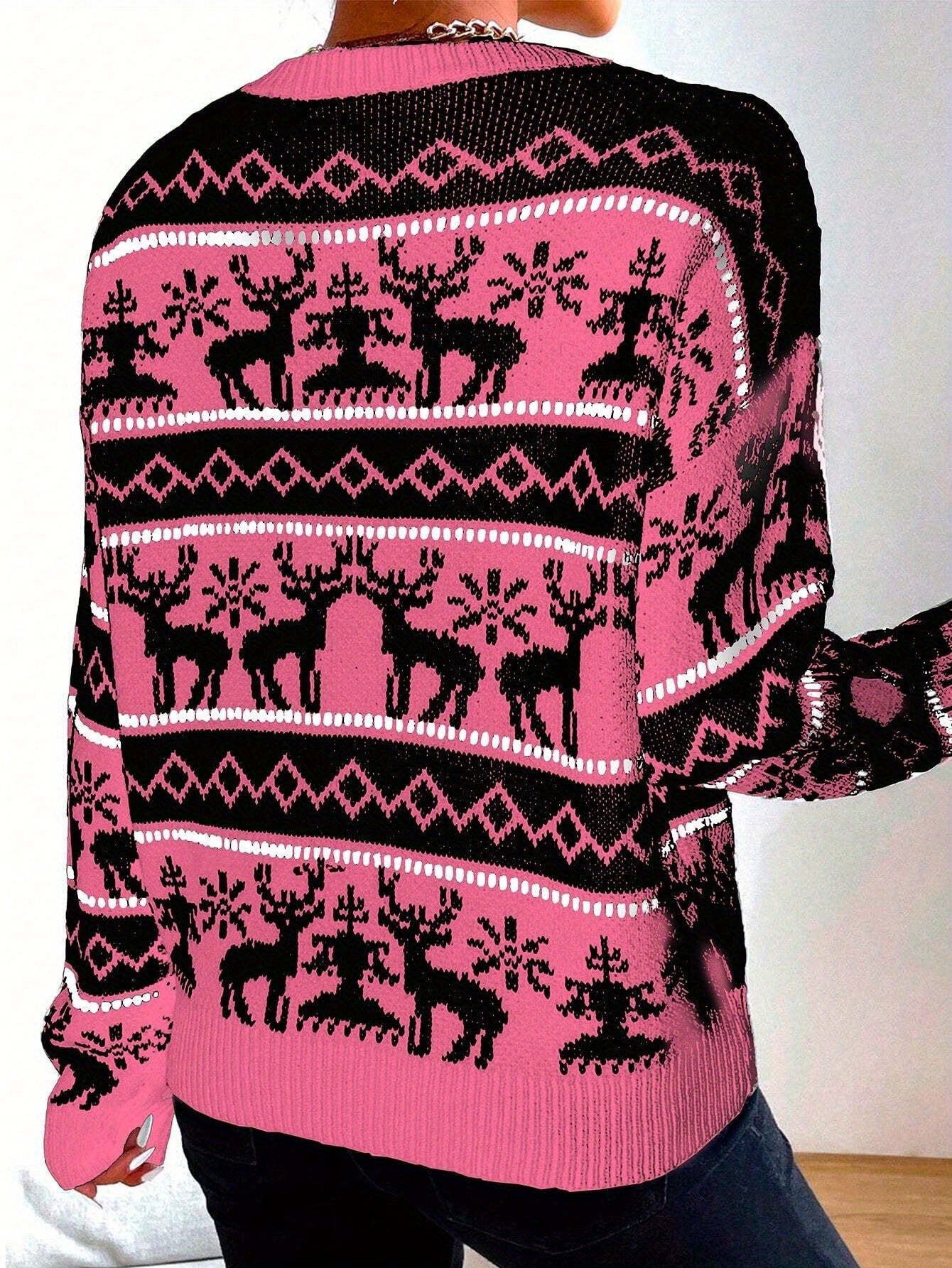 Cozy Christmas Reindeer Crew Neck Sweater - Casual Long Sleeve Knit Pullover for Women, Perfect for Fall & Winter