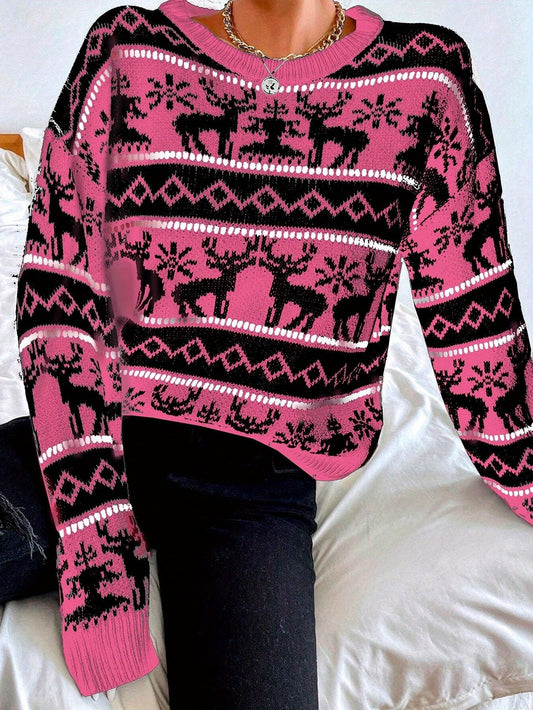 Cozy Christmas Reindeer Crew Neck Sweater - Casual Long Sleeve Knit Pullover for Women, Perfect for Fall & Winter