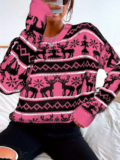 Cozy Christmas Reindeer Crew Neck Sweater - Casual Long Sleeve Knit Pullover for Women, Perfect for Fall & Winter