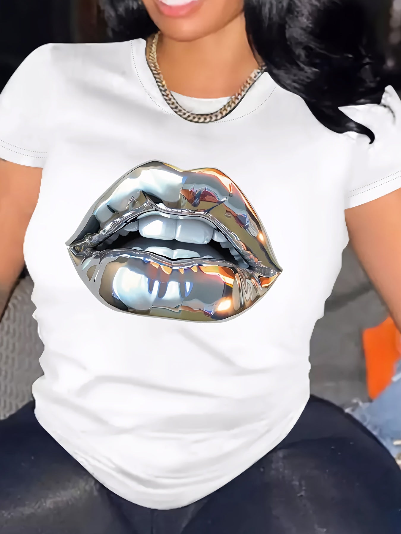 Plus size mouth printed T-shirt, spring and summer casual short-sleeved top