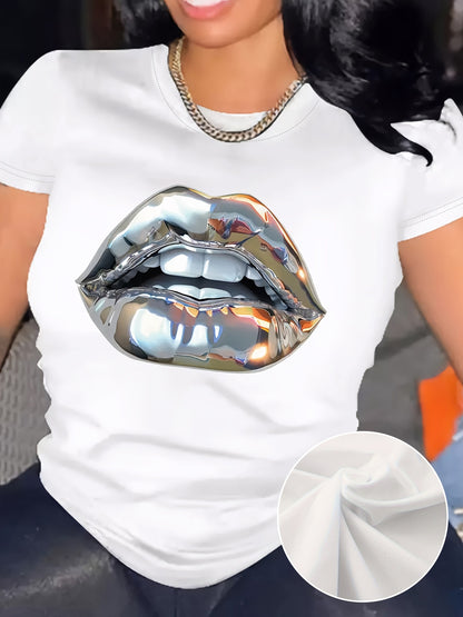 Plus size mouth printed T-shirt, spring and summer casual short-sleeved top