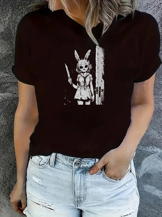 Camiseta de manga corta con estampado de conejo gótico para mujer, cuello redondo informal, tejido de mezcla de poliéster y elastano para todas las estaciones