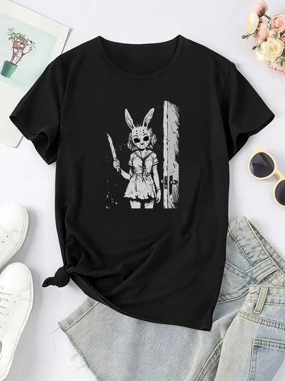 Camiseta de manga corta con estampado de conejo gótico para mujer, cuello redondo informal, tejido de mezcla de poliéster y elastano para todas las estaciones