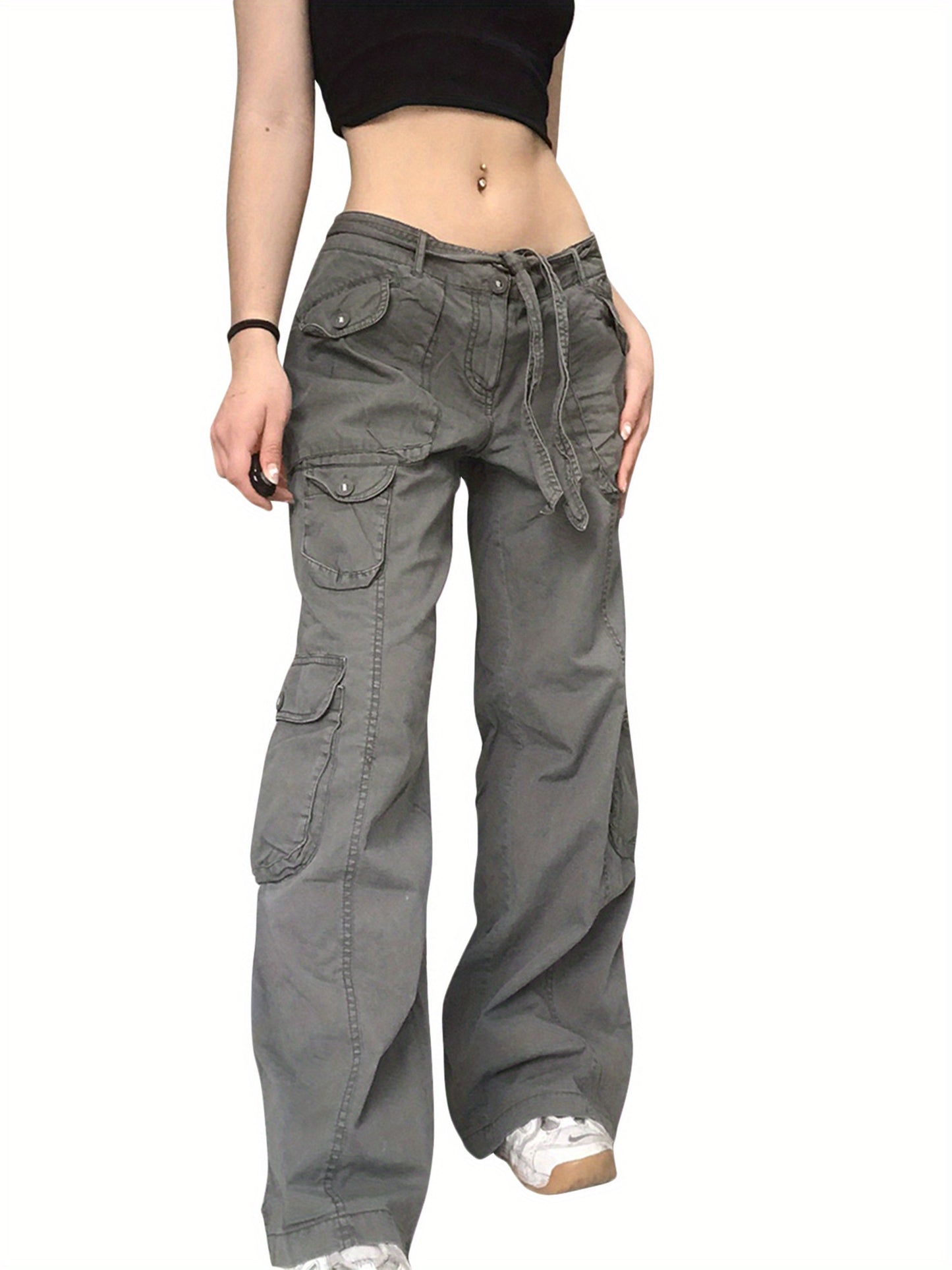 Women Autumn Cargo Pants, Solid Color Low-Waist Loose Fit Casual Trousers with Multi-Pockets for Girls, Gray