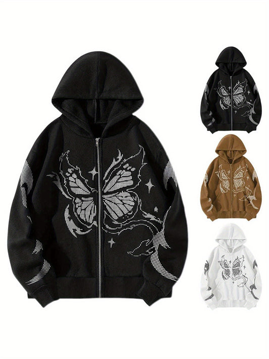 Tooluck Y2K Zip Hoodie Butterfly Retro Oversized Sweatshirt 90s Top Goth Harajuku Sweatshirt Fall