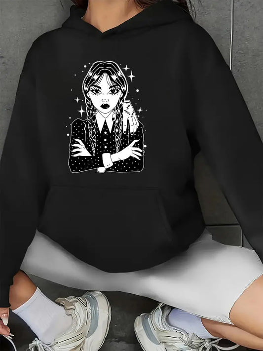 Gothic-Inspired Women's Hoodie With Kangaroo Pocket - Casual Long Sleeve Pullover Sweatshirt For Fall/Winter