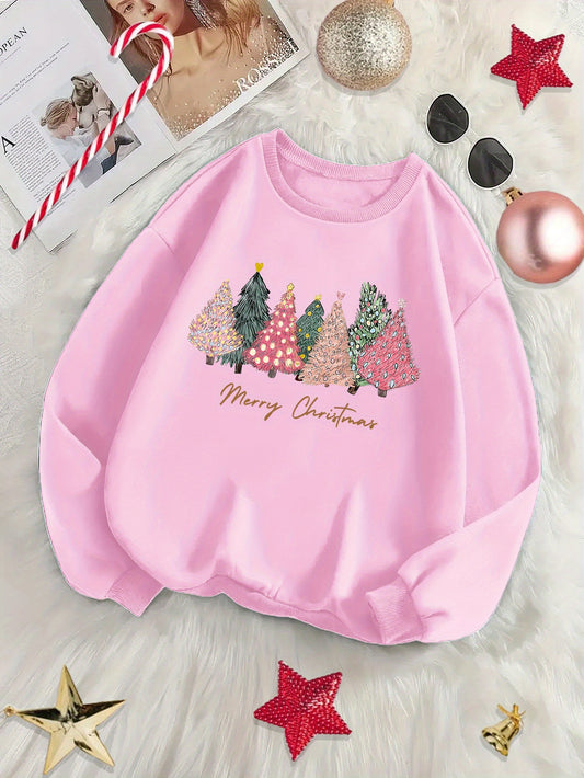 Cozy Fleece-Lined Holiday season Tree & Letter Print Sweatshirt - Casual Crew Neck Pullover for Women, Perfect for Fall/Winter