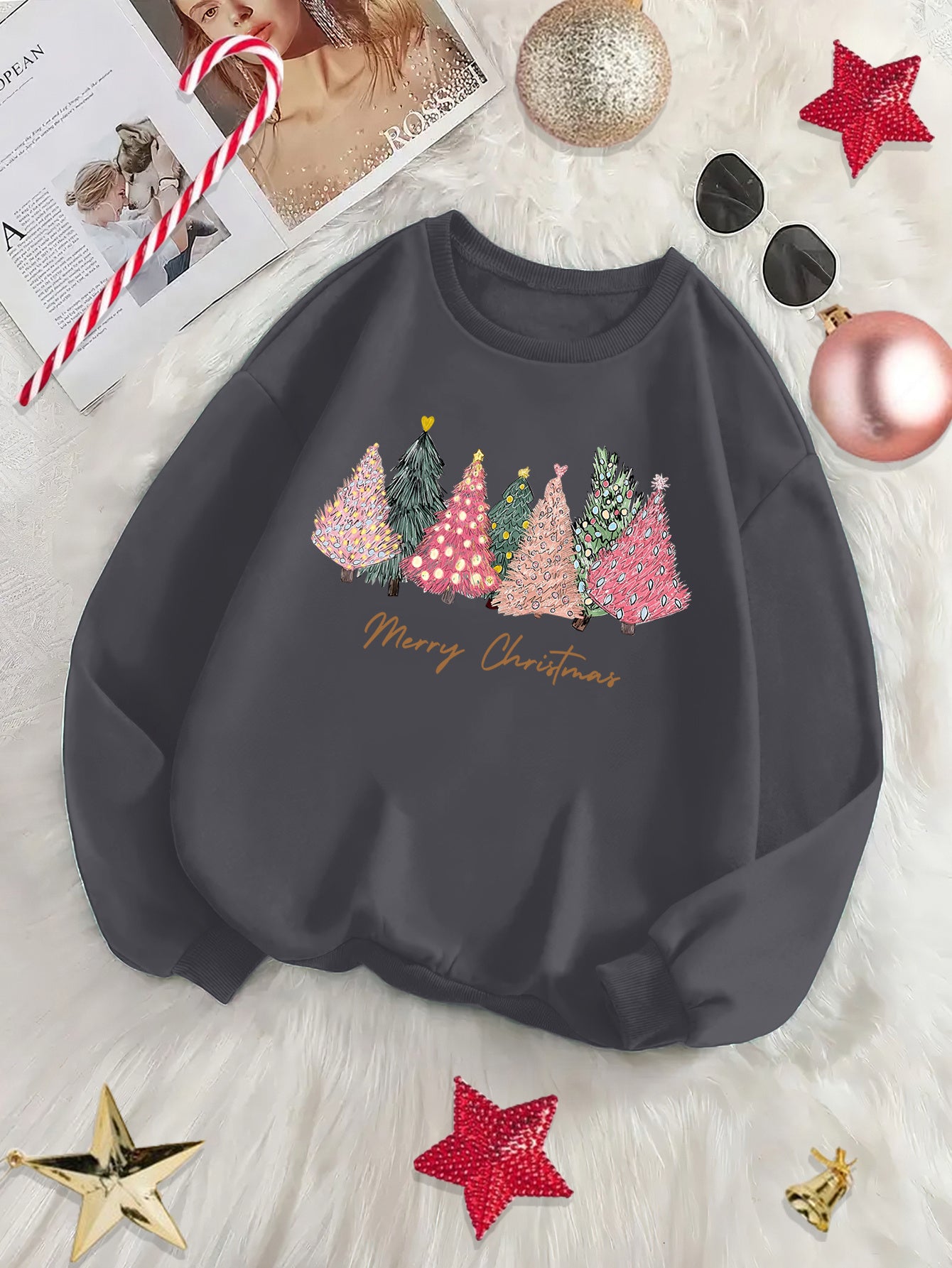 Cozy Fleece-Lined Holiday season Tree & Letter Print Sweatshirt - Casual Crew Neck Pullover for Women, Perfect for Fall/Winter