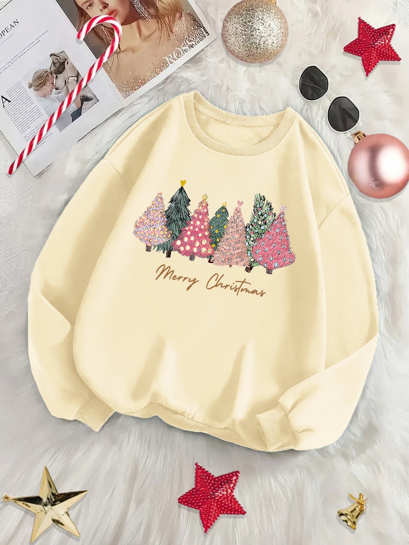 Cozy Fleece-Lined Holiday season Tree & Letter Print Sweatshirt - Casual Crew Neck Pullover for Women, Perfect for Fall/Winter