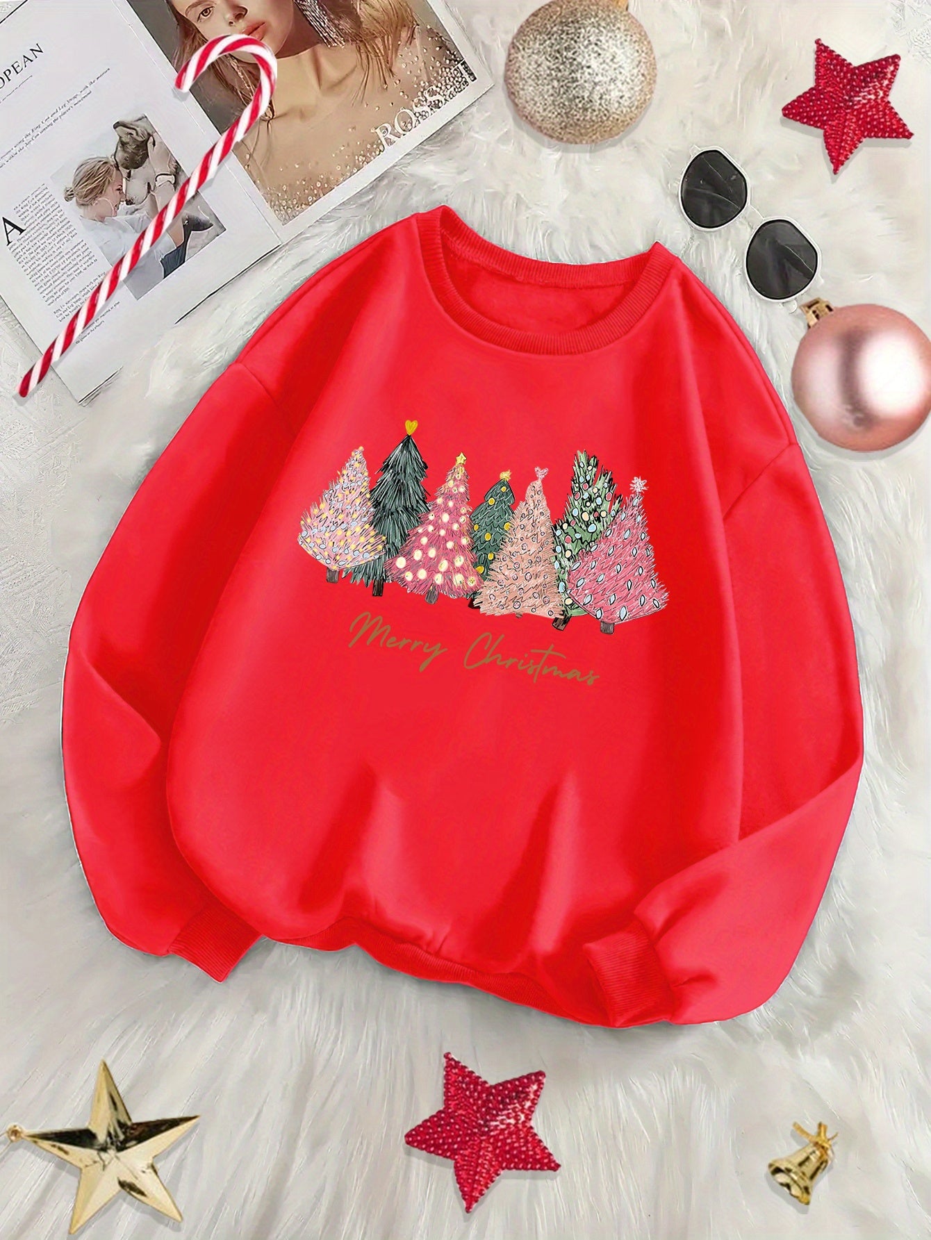 Cozy Fleece-Lined Holiday season Tree & Letter Print Sweatshirt - Casual Crew Neck Pullover for Women, Perfect for Fall/Winter