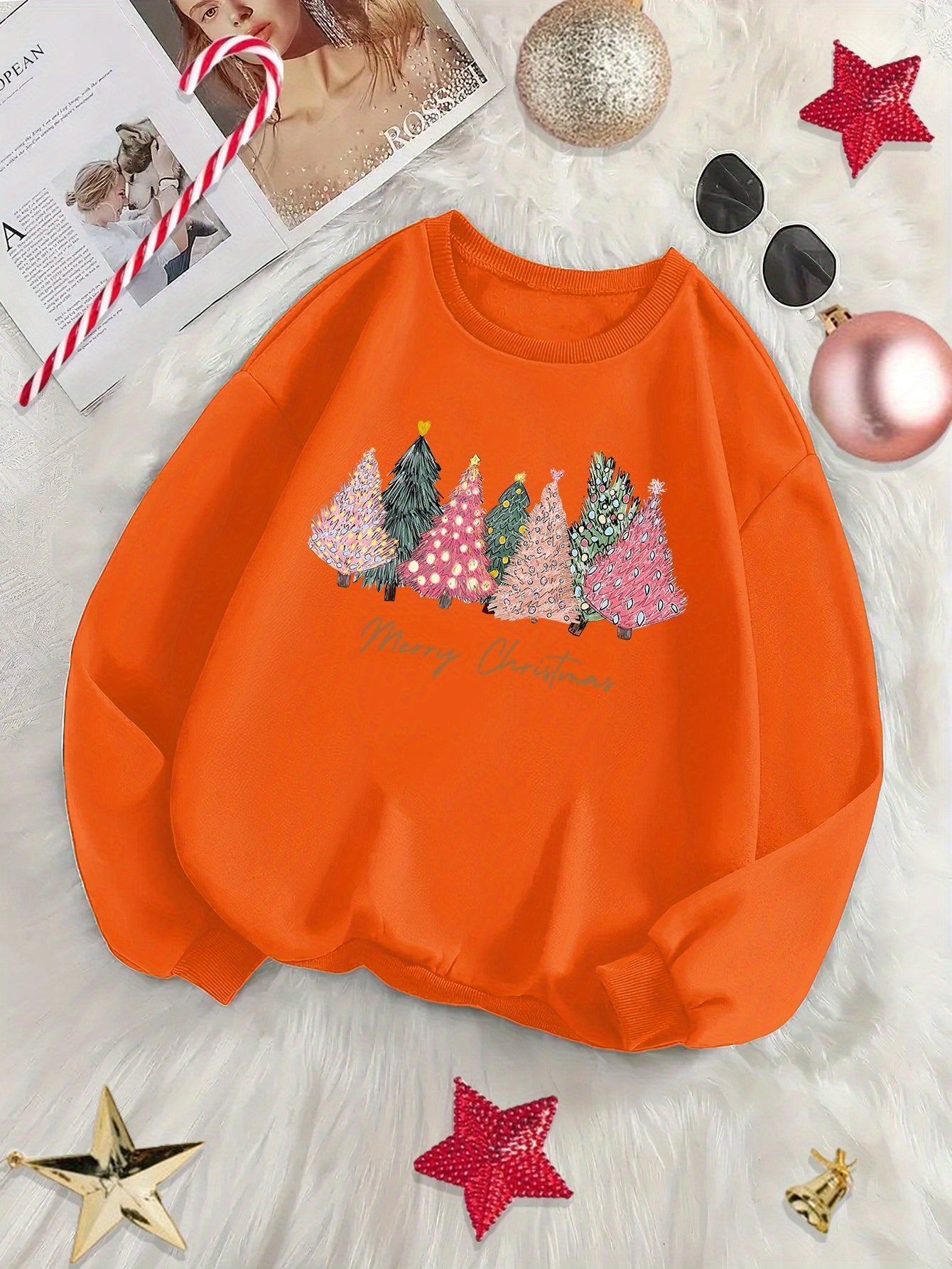 Cozy Fleece-Lined Holiday season Tree & Letter Print Sweatshirt - Casual Crew Neck Pullover for Women, Perfect for Fall/Winter