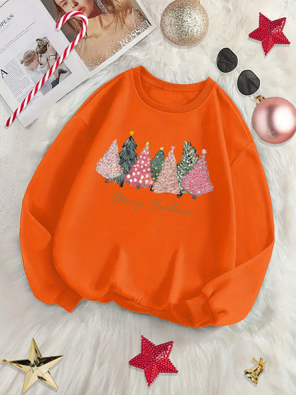 Cozy Fleece-Lined Holiday season Tree & Letter Print Sweatshirt - Casual Crew Neck Pullover for Women, Perfect for Fall/Winter