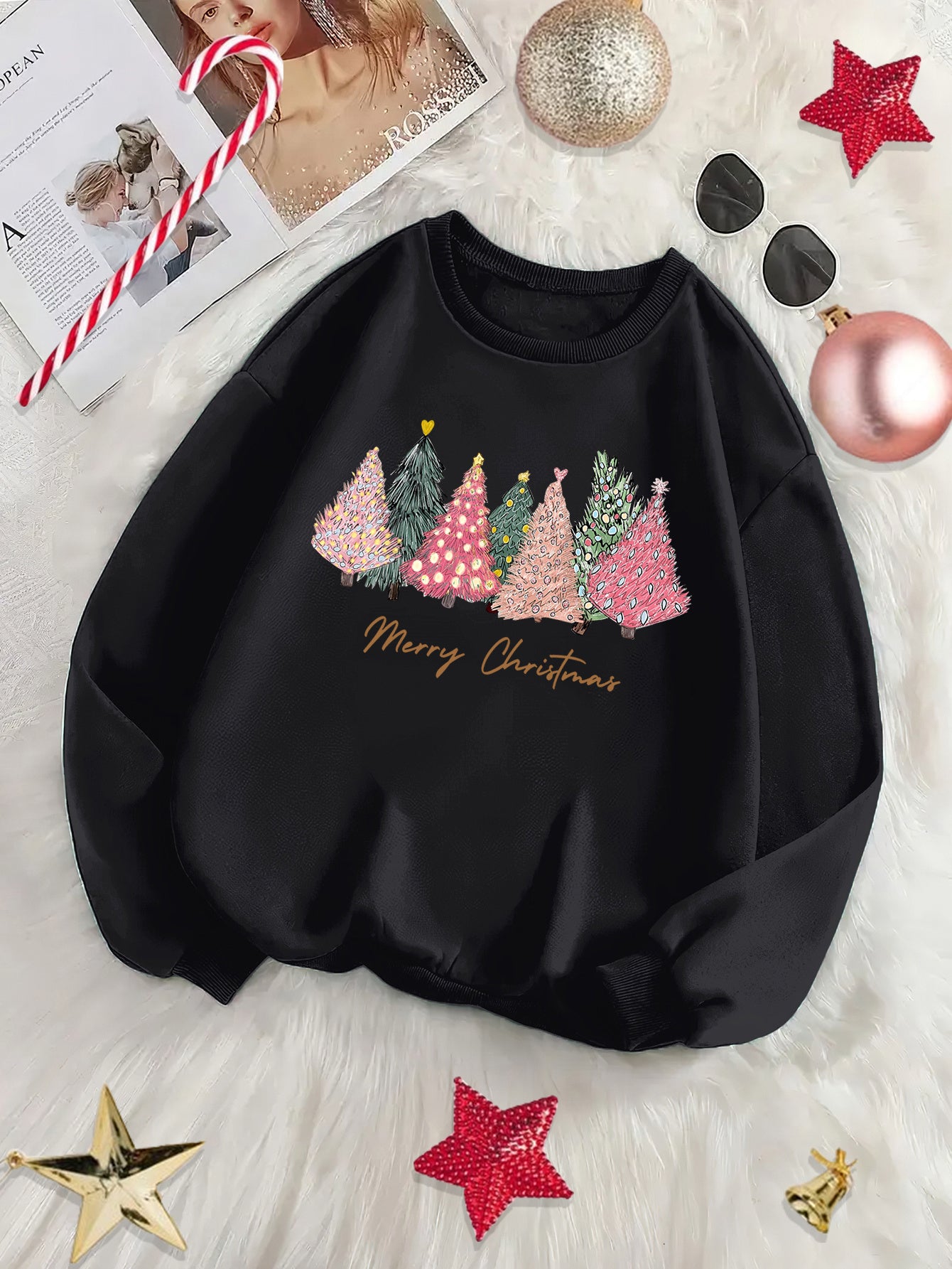 Cozy Fleece-Lined Holiday season Tree & Letter Print Sweatshirt - Casual Crew Neck Pullover for Women, Perfect for Fall/Winter