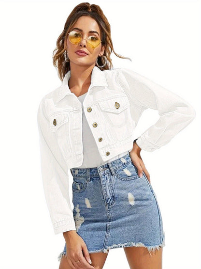 Women's Cropped Long-Sleeve Button-Down Denim Jacket with Pockets