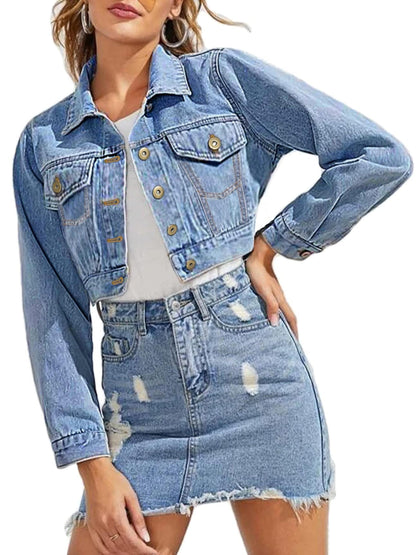 Women's Cropped Long-Sleeve Button-Down Denim Jacket with Pockets