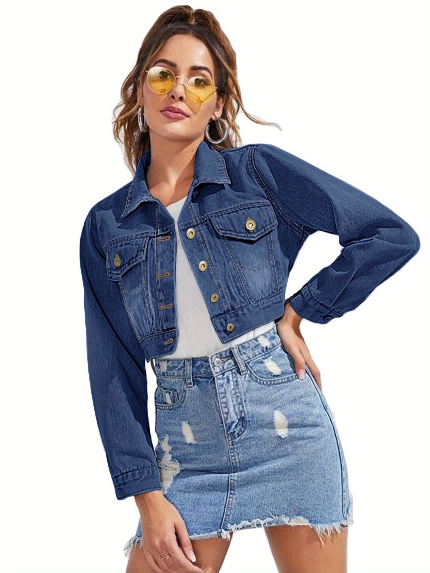 Women's Cropped Long-Sleeve Button-Down Denim Jacket with Pockets