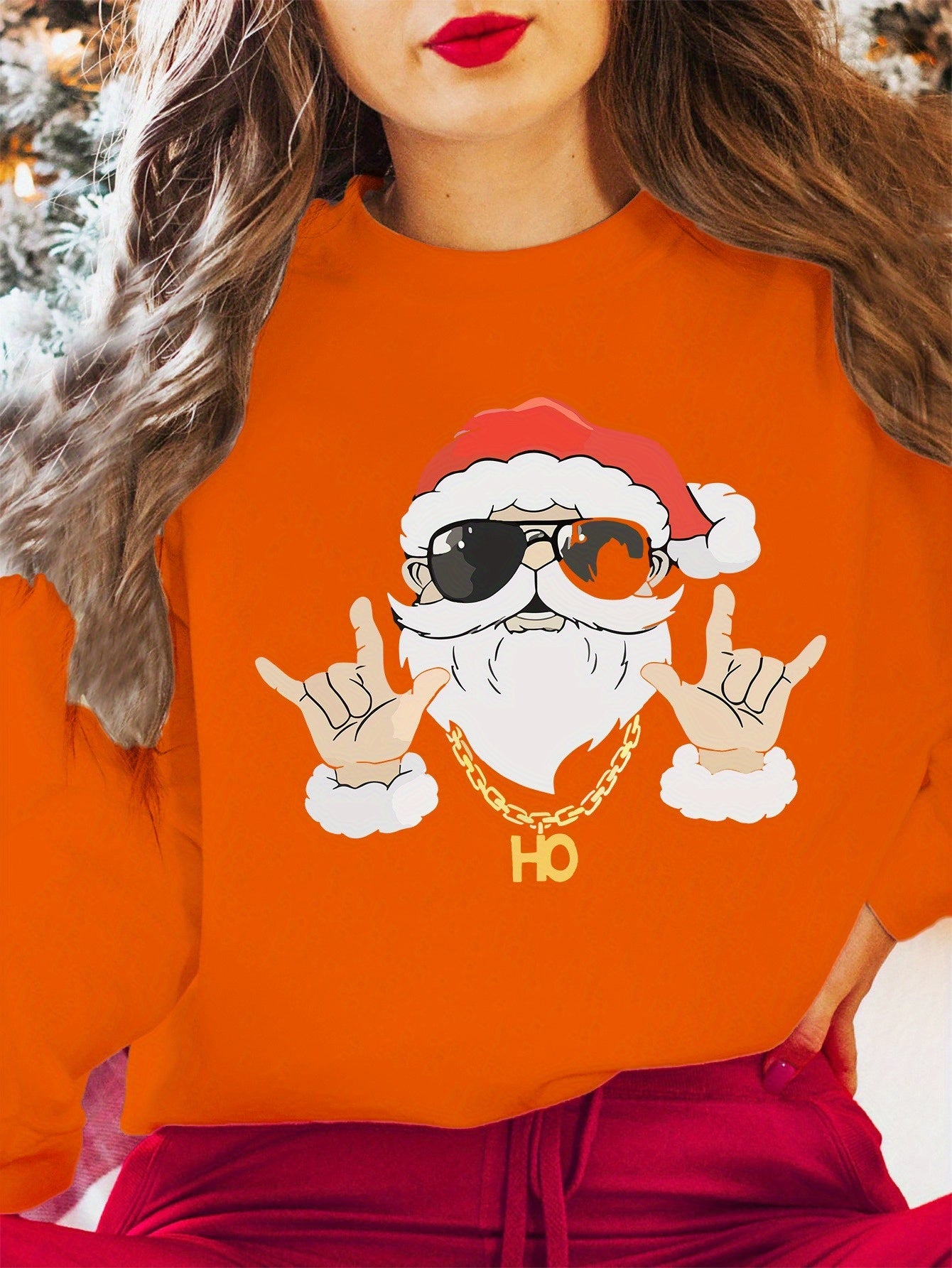 Women's Christmas Sweatshirt - Casual Knit Fabric, Round Neck, Long Sleeve, Festive Print Pullover, Polyester, All Seasons, Holiday Santa Design