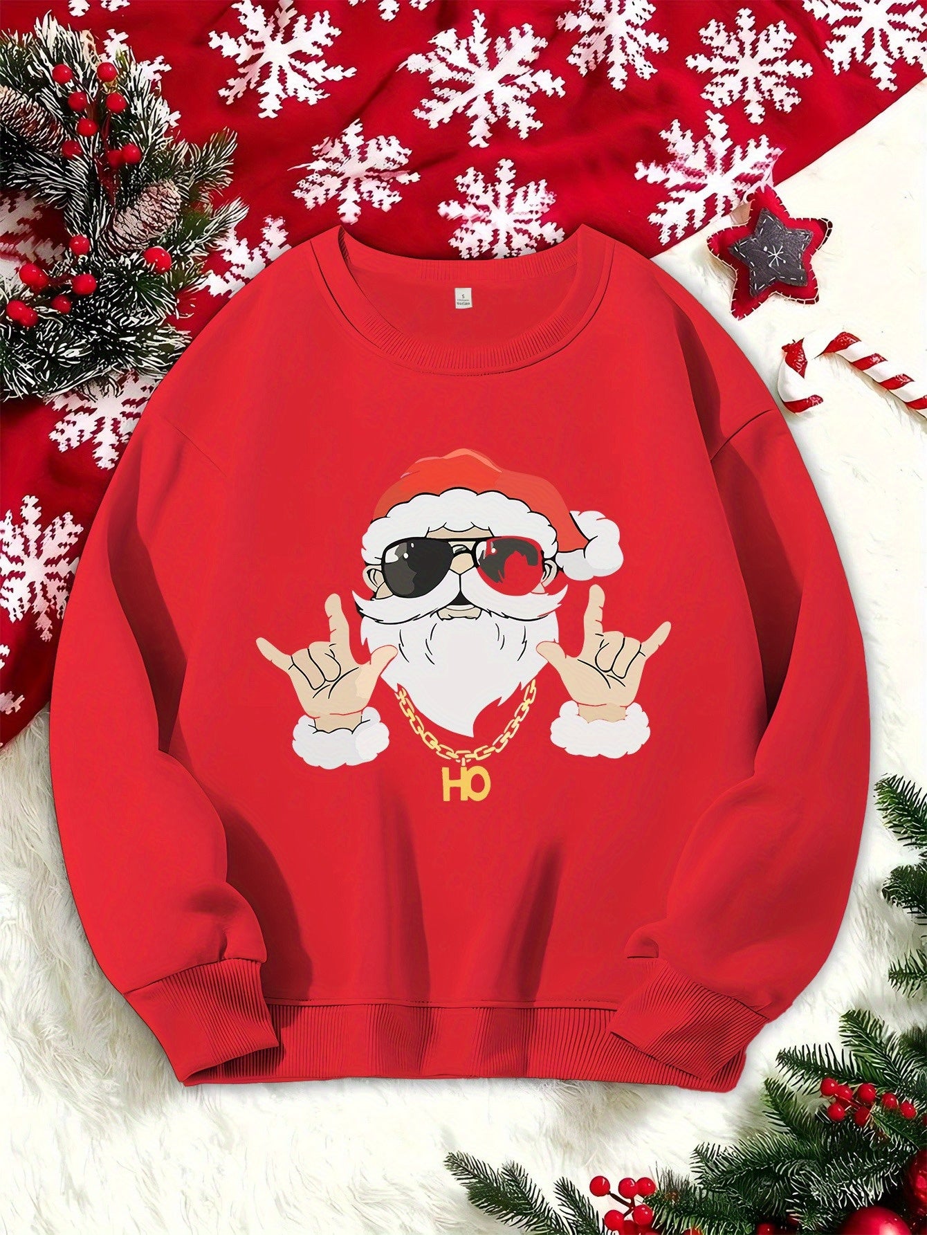 Women's Christmas Sweatshirt - Casual Knit Fabric, Round Neck, Long Sleeve, Festive Print Pullover, Polyester, All Seasons, Holiday Santa Design