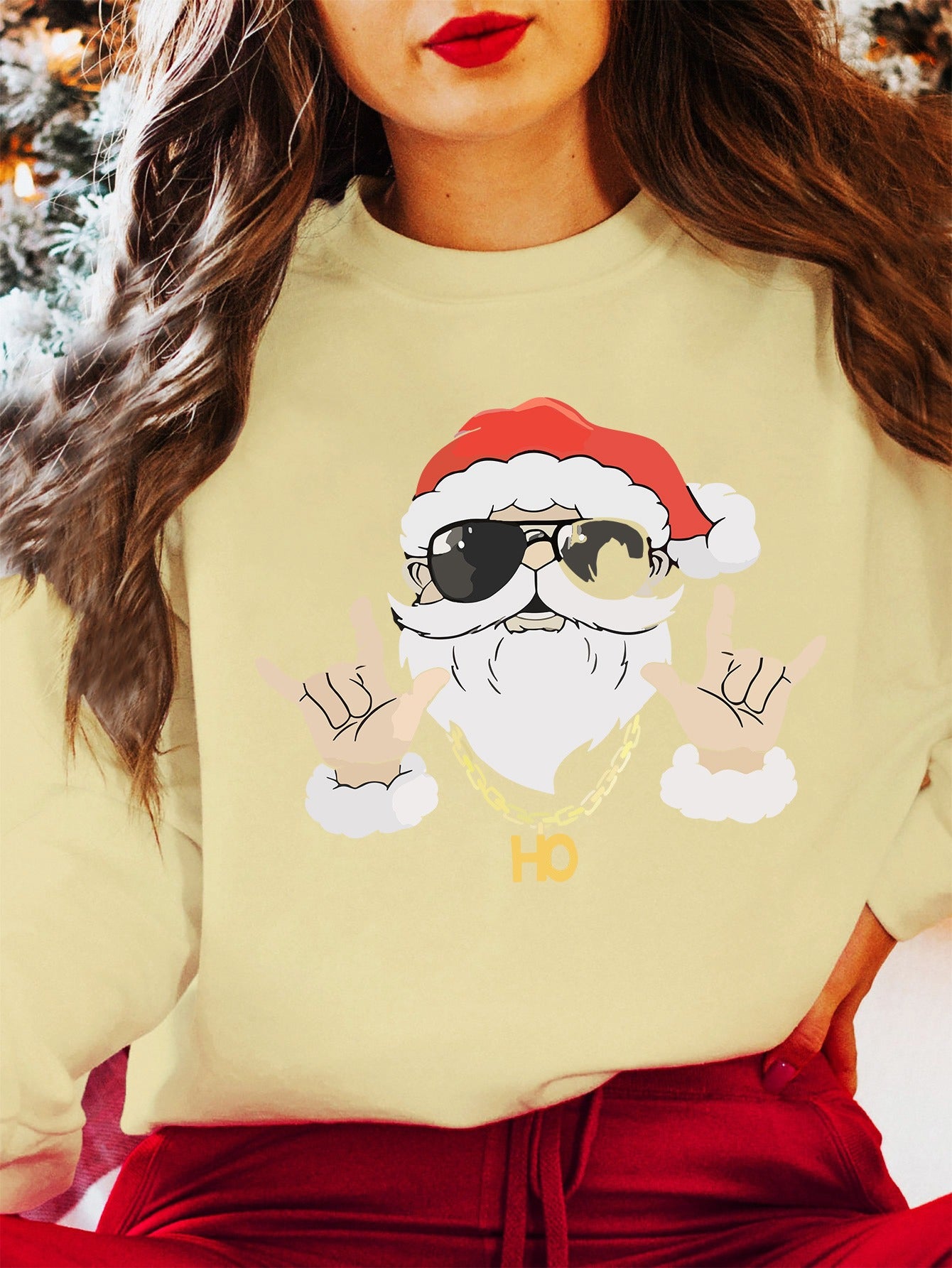 Women's Christmas Sweatshirt - Casual Knit Fabric, Round Neck, Long Sleeve, Festive Print Pullover, Polyester, All Seasons, Holiday Santa Design