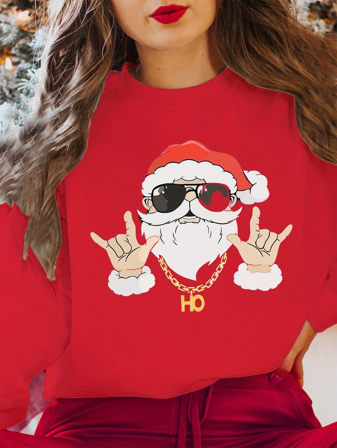 Women's Christmas Sweatshirt - Casual Knit Fabric, Round Neck, Long Sleeve, Festive Print Pullover, Polyester, All Seasons, Holiday Santa Design