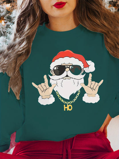 Women's Christmas Sweatshirt - Casual Knit Fabric, Round Neck, Long Sleeve, Festive Print Pullover, Polyester, All Seasons, Holiday Santa Design