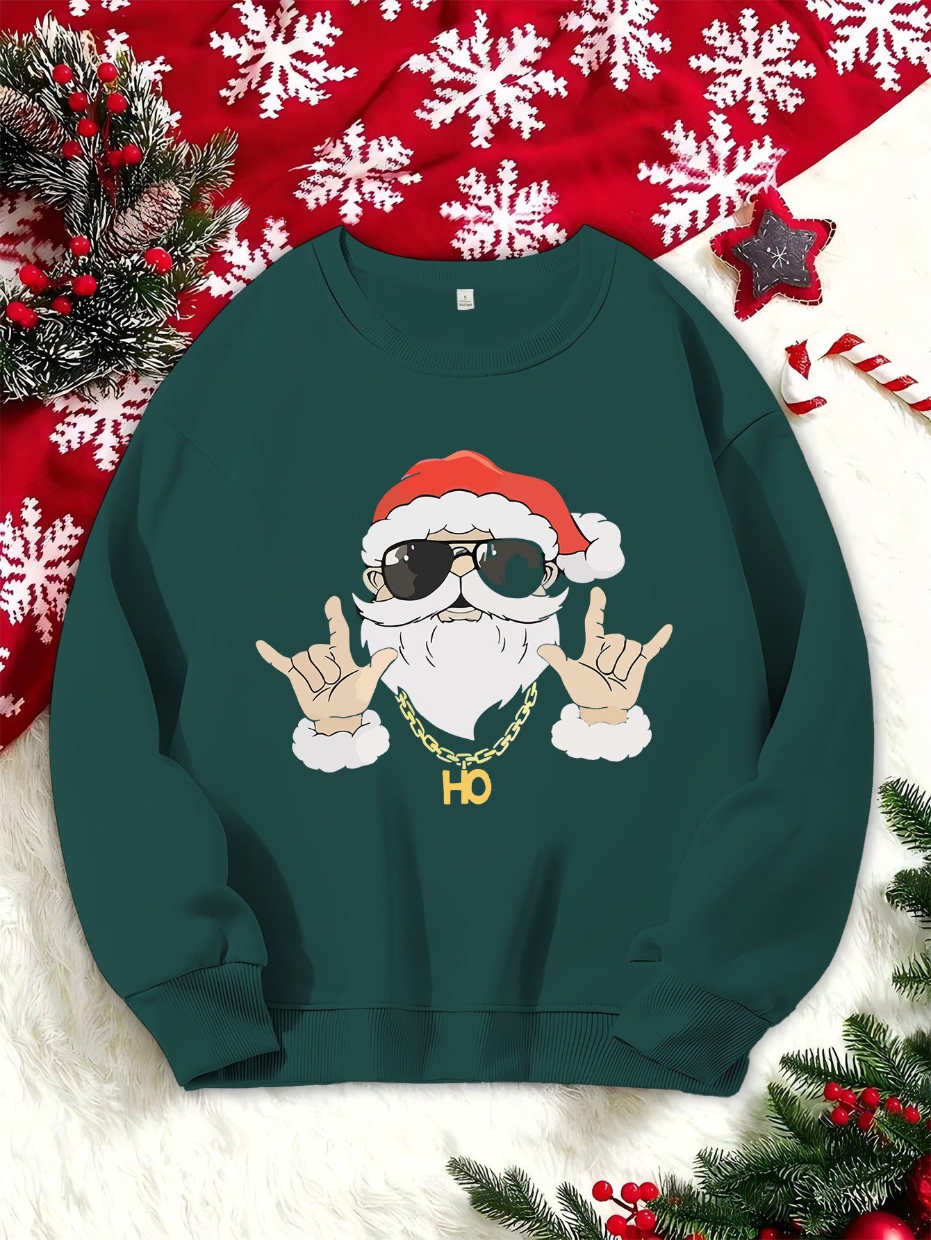 Women's Christmas Sweatshirt - Casual Knit Fabric, Round Neck, Long Sleeve, Festive Print Pullover, Polyester, All Seasons, Holiday Santa Design