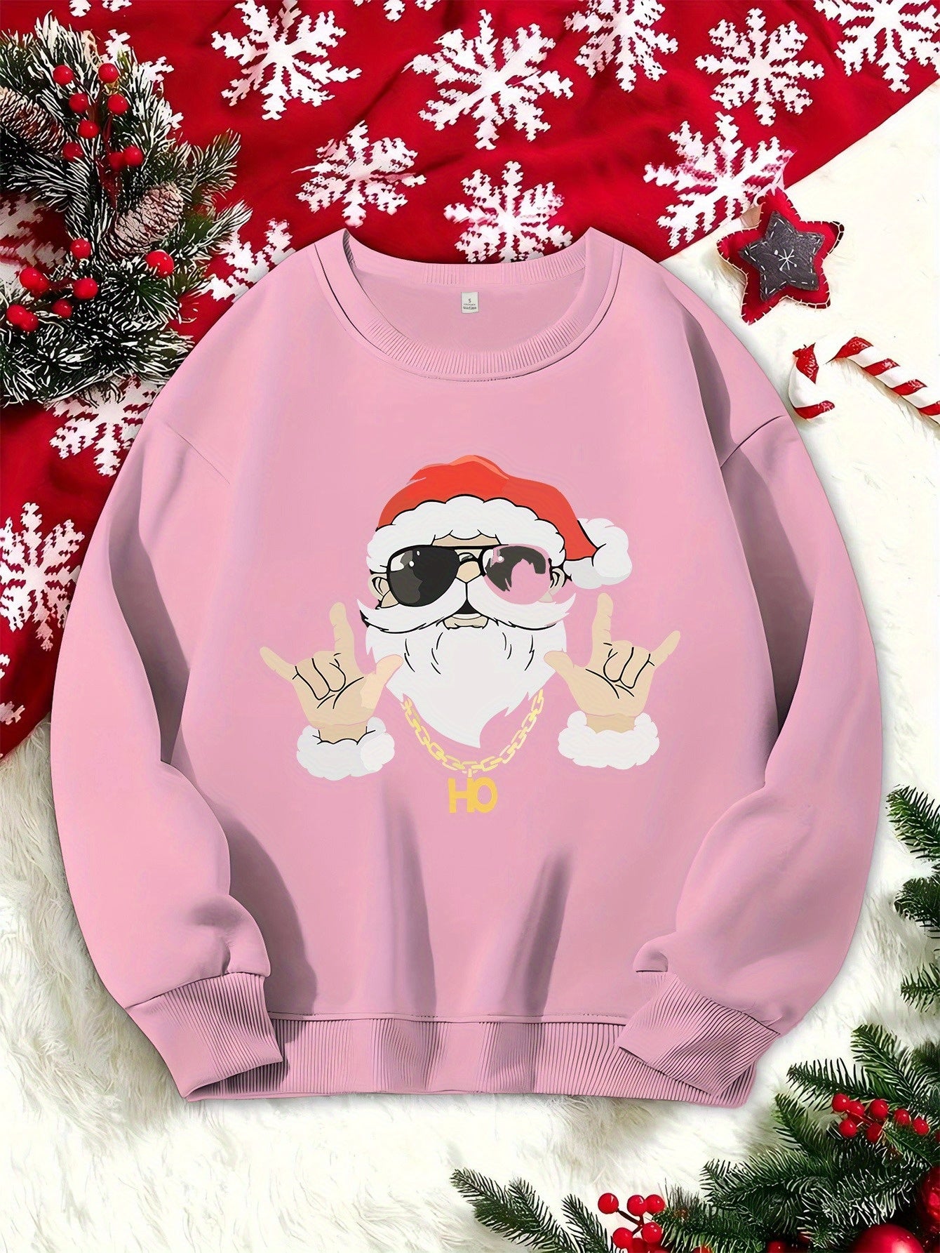 Women's Christmas Sweatshirt - Casual Knit Fabric, Round Neck, Long Sleeve, Festive Print Pullover, Polyester, All Seasons, Holiday Santa Design