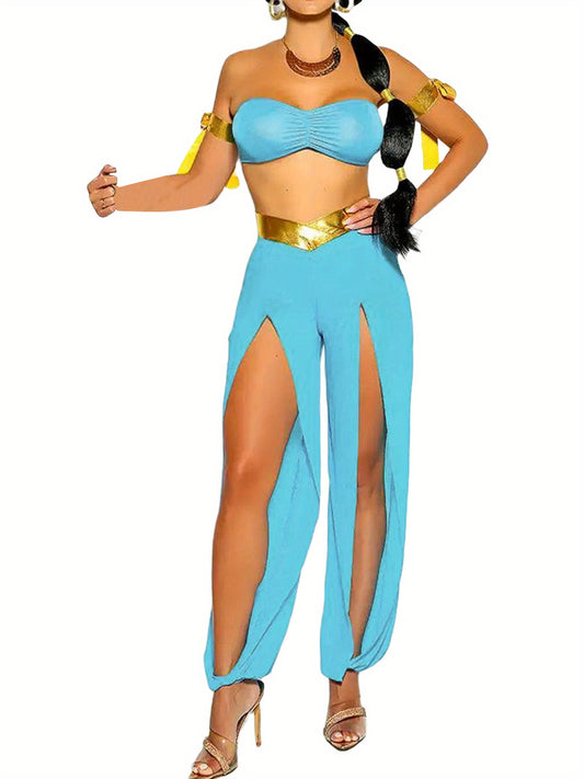 Princess Cosplay Costume for Women, Strapless Bandeau Tops, Slit Long Pants, and Arm Tie Straps Set Party Role Play Costumes