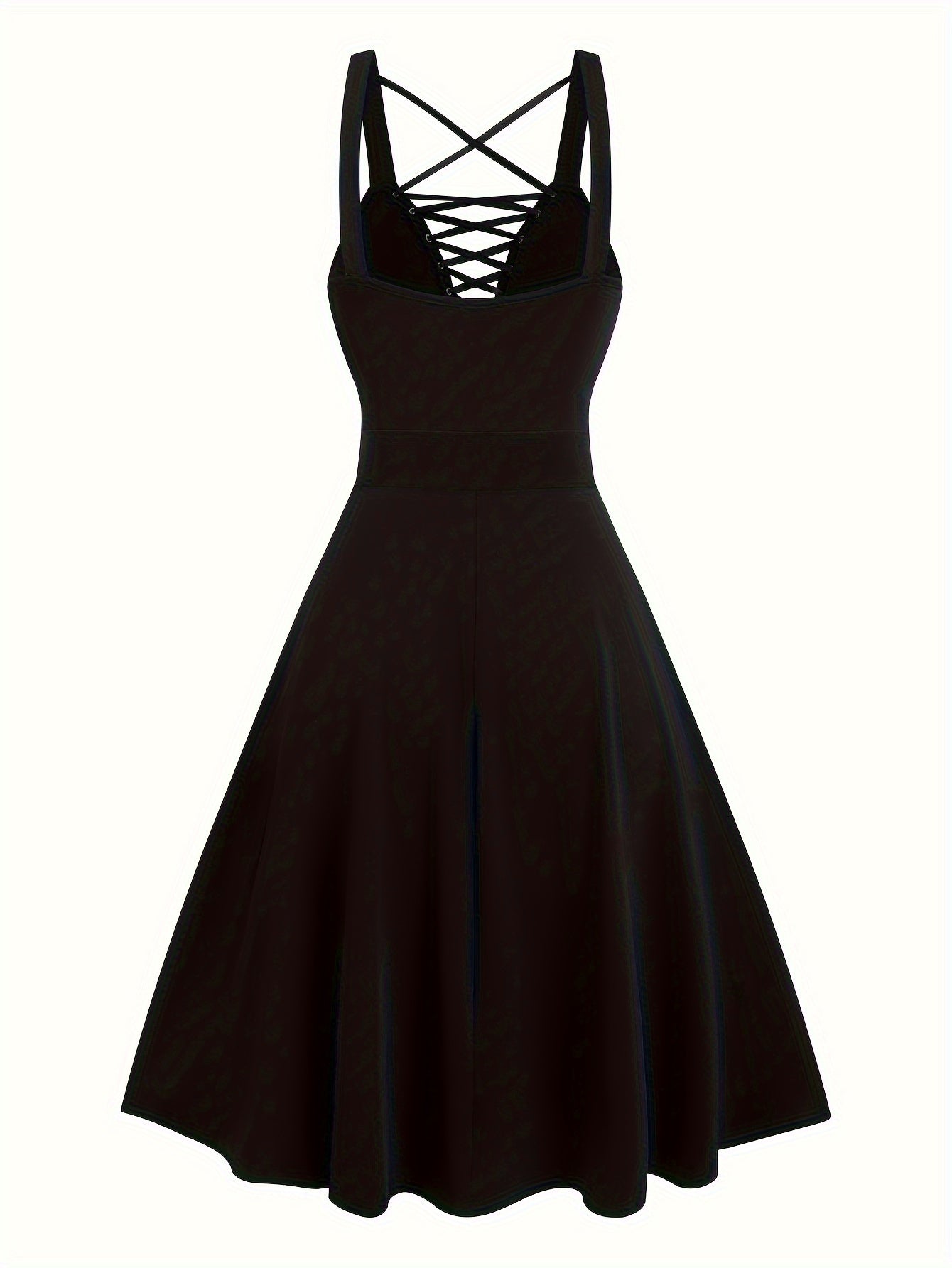 Elegant Gothic-Inspired Plus Size Dress with Lace-Up Detail, Deep V-Neck & High Waist A-Line Design - Perfect for Spring/Summer