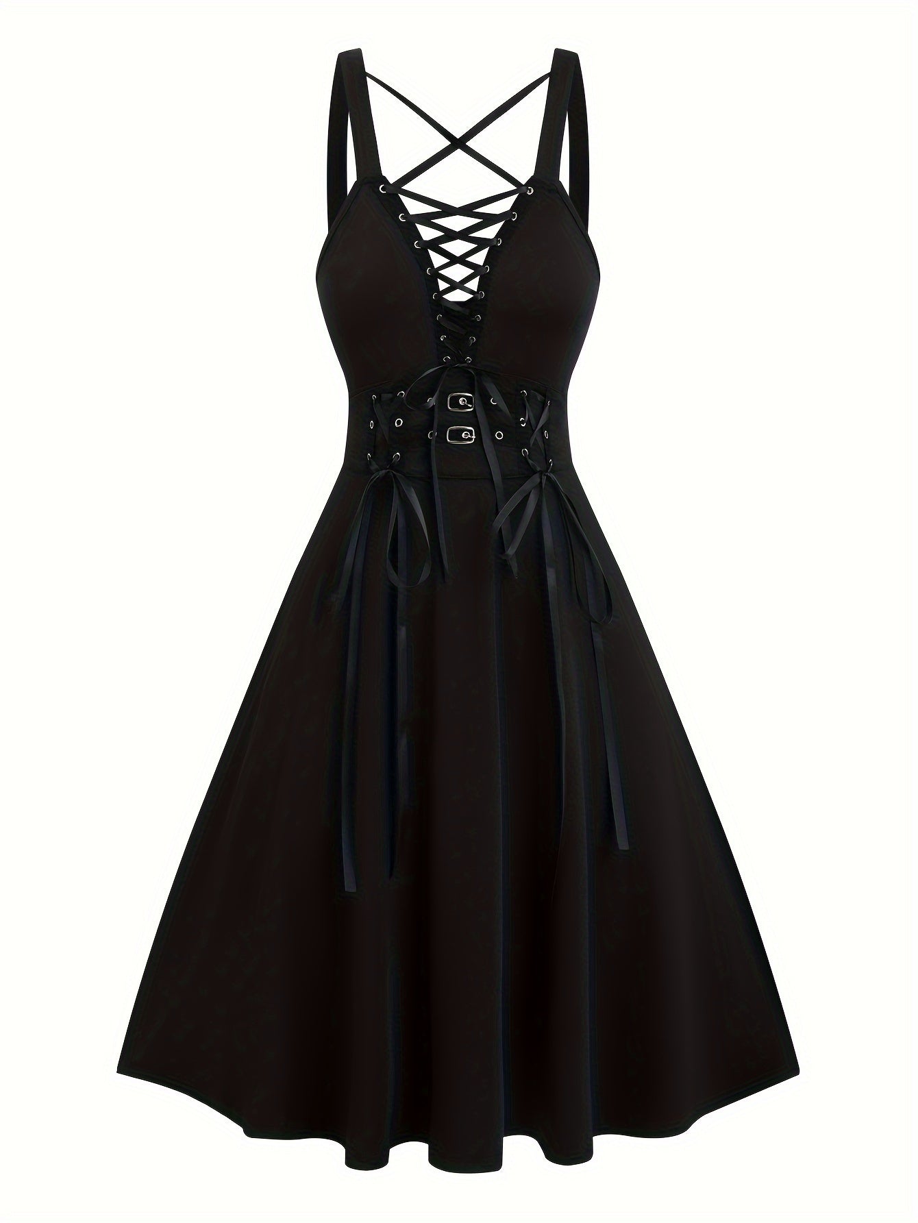 Elegant Gothic-Inspired Plus Size Dress with Lace-Up Detail, Deep V-Neck & High Waist A-Line Design - Perfect for Spring/Summer