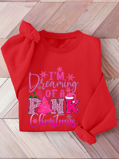 Cozy Fleece-Lined Christmas Sweatshirt for Women - Festive Pink Tree & Letter Print, Crew Neck Casual Pullover, Perfect for Fall/Winter