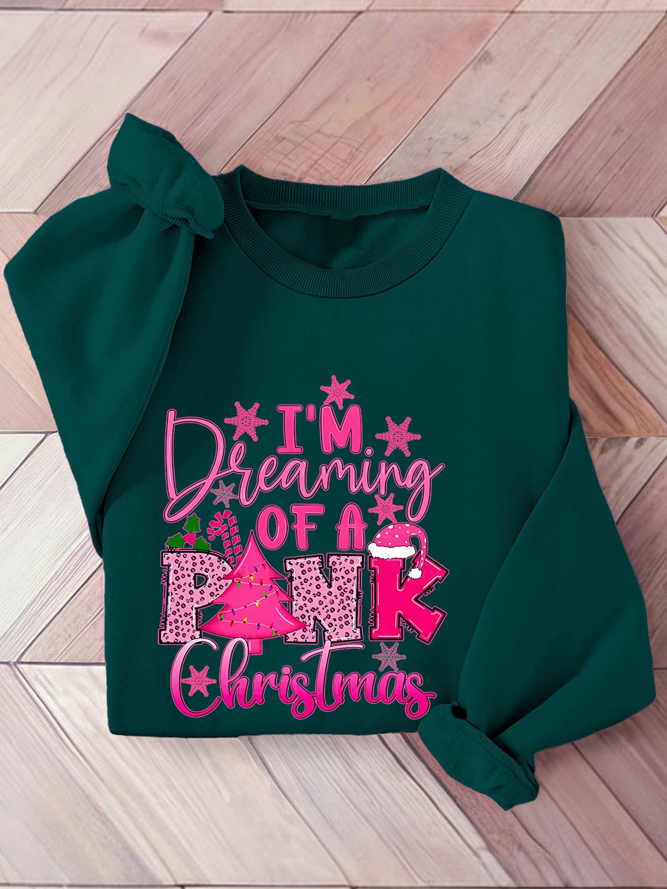 Cozy Fleece-Lined Christmas Sweatshirt for Women - Festive Pink Tree & Letter Print, Crew Neck Casual Pullover, Perfect for Fall/Winter